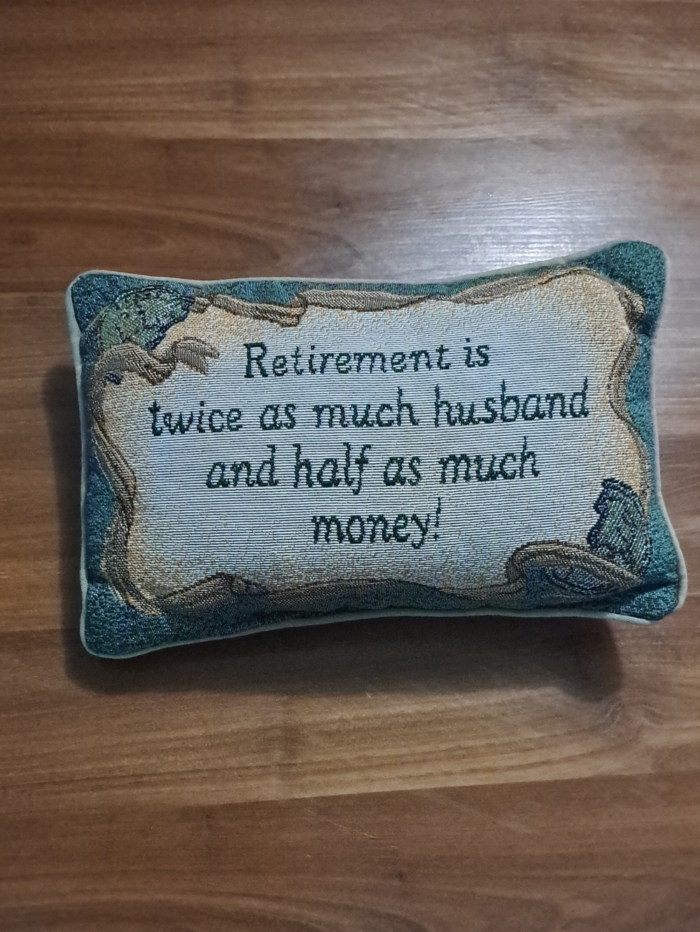 Retirement Accent Pillow - Teal and Cream Tapestry Throw